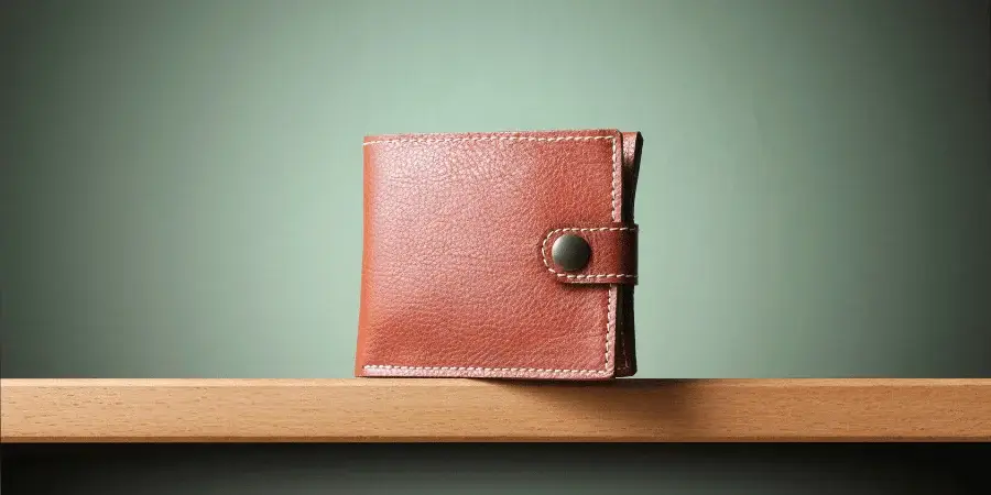A leather men's wallet resting on a shelf, approximately 6 inches in length.