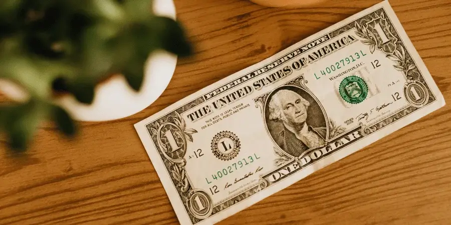 A US one-dollar bill on a wooden surface with a plant in the background.