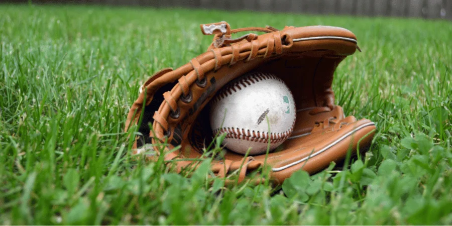 A baseball inside a glove on grass, with a diameter of approximately 2.9 inches.