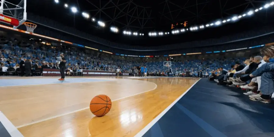 Basketball court with a ball, approximating the length of 100 feet.