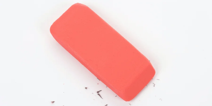 A pink eraser, measuring 2 inches, two of which add up to 4 inches.