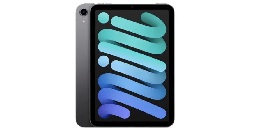 iPad Mini displaying a colorful abstract screen.
