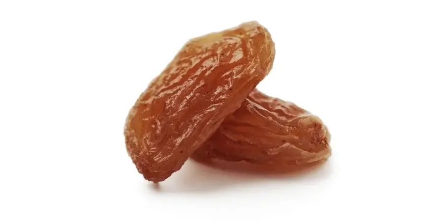 Close-up of two raisins, each weighing approximately 1 gram.