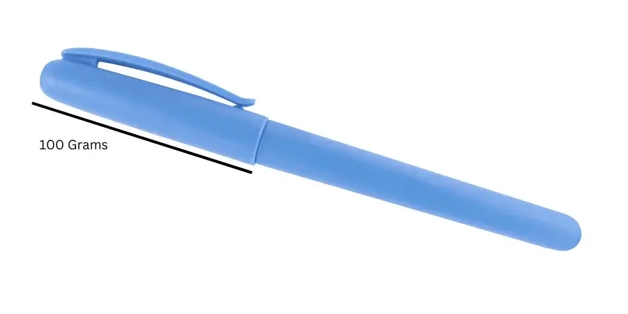 Blue pen with a weight reference of 100 grams shown in a label.