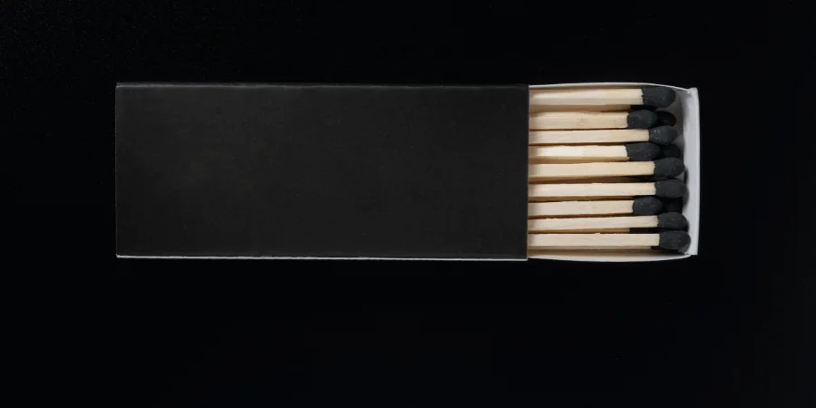 A matchstick box with matchsticks, each measuring about 2 inches.
