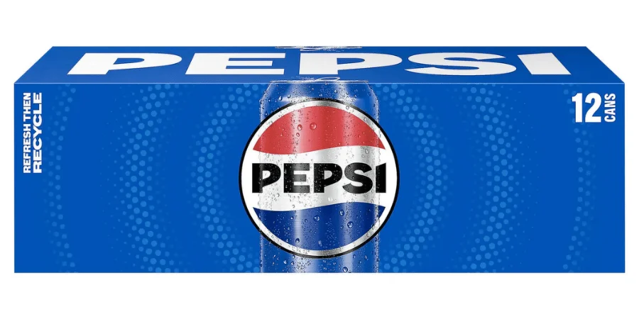 A 12-can pack of Pepsi with the iconic logo and blue packaging, showcasing the brand's popular soft drink.