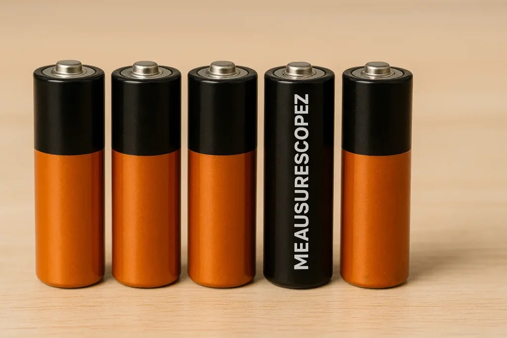 Five AA batteries lined up in a row, showing their consistent size.