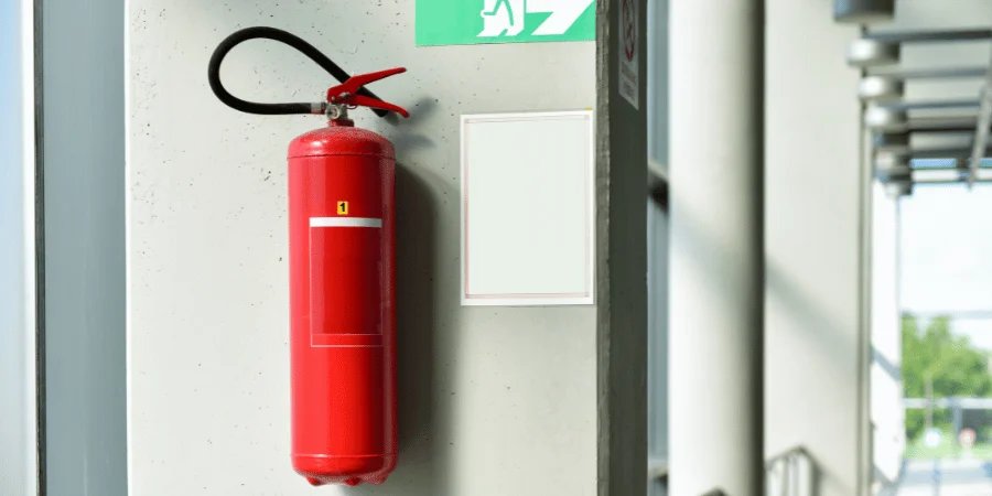 A red fire extinguisher mounted on a wall near an emergency exit sign in a public building.