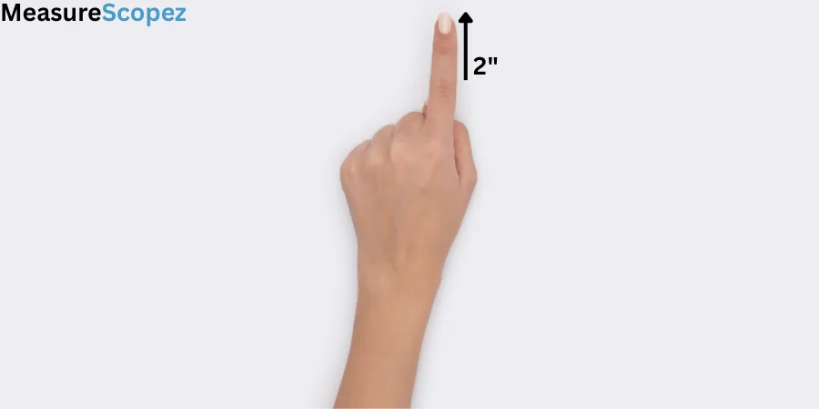 A hand pointing with the index finger showing a 2-inch length.