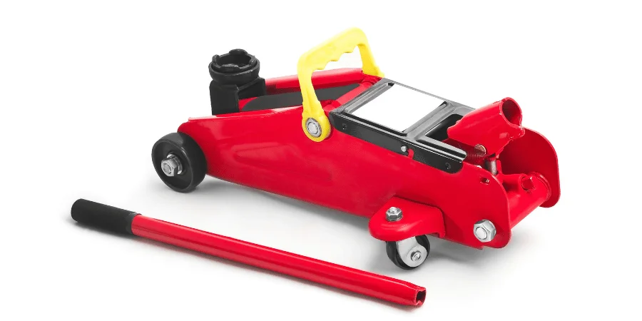 A red hydraulic car jack, essential for lifting vehicles during repairs or maintenance.
