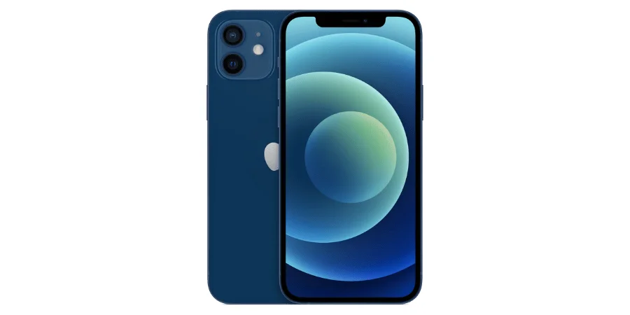 The blue iPhone 12 Mini with its sleek design, shown front and back.