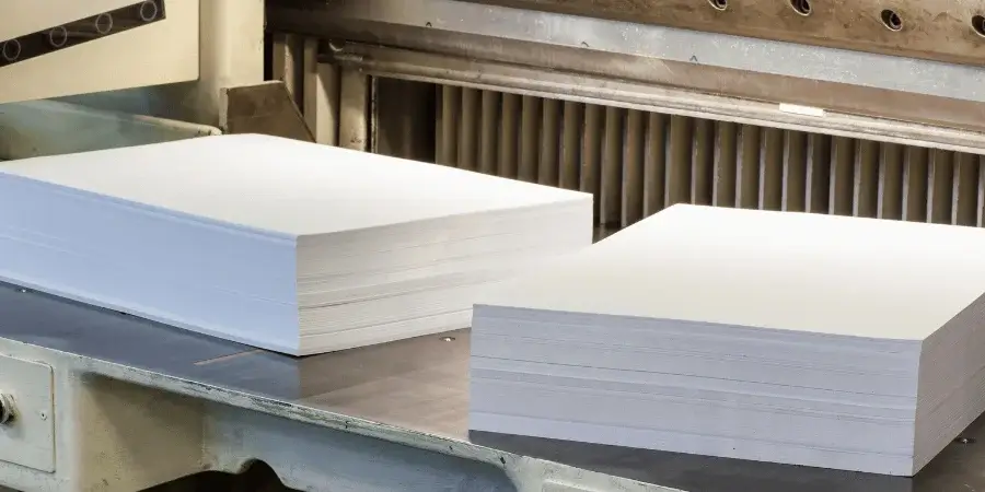 Stacks of white printer paper ( reams ) , ready for use in offices or home printing.