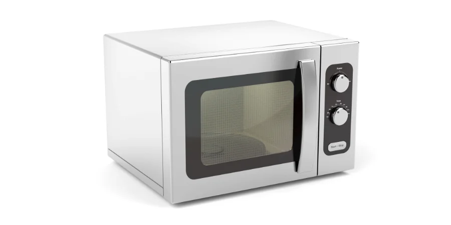 A modern, silver microwave oven with dials and a glass window, designed for kitchen use.
