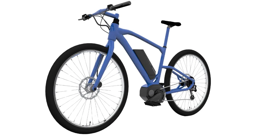 Blue electric bike with large tires and a battery pack.