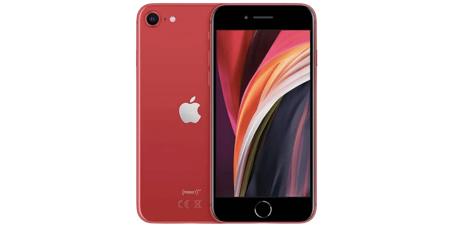 The red iPhone SE (2nd generation) shown from both front and back.