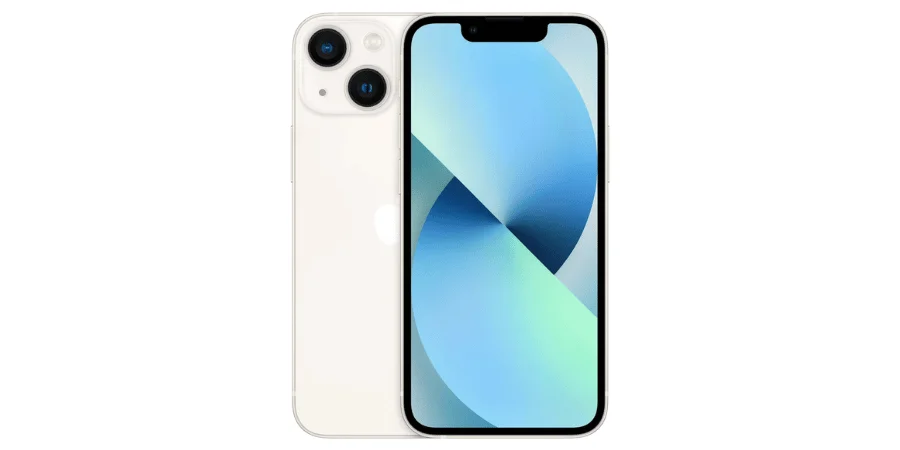 The white iPhone 13 Mini displayed from the front and back.