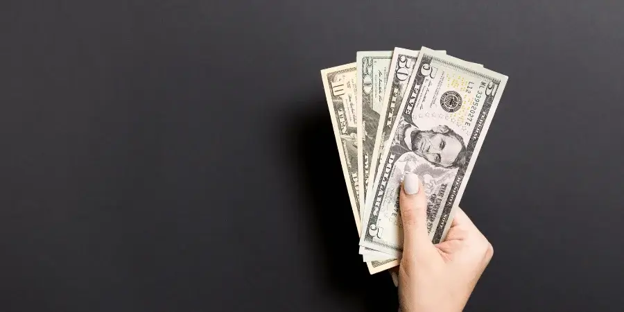 Hand holding several US dollar bills, each weighing 1 gram.