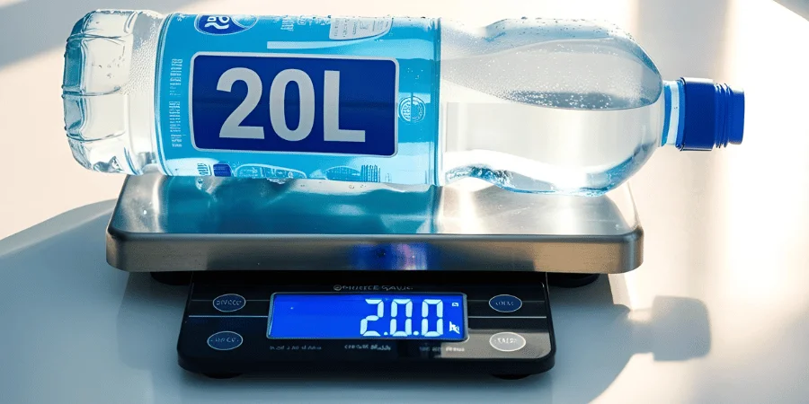 A 20-liter water bottle on a digital scale showing a weight of 20 kg.
