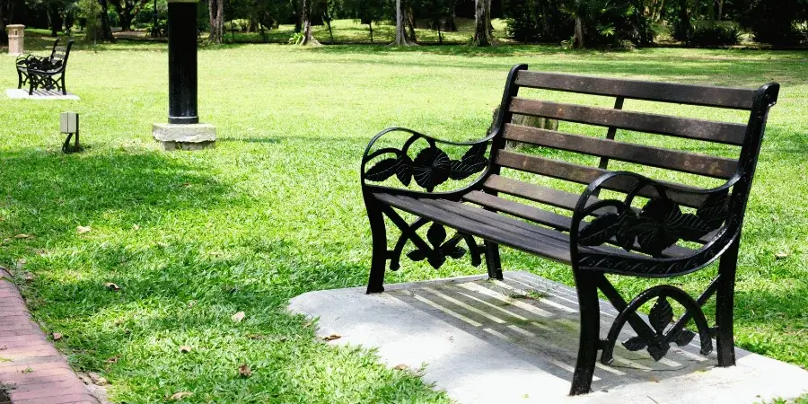 Wooden park bench with black iron framing in a grassy outdoor area.