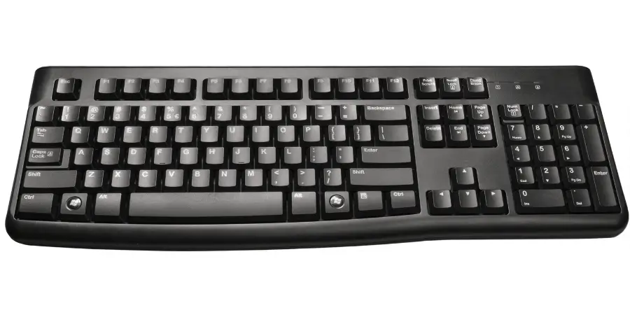 A black computer keyboard with standard keys, including function keys and number pad.