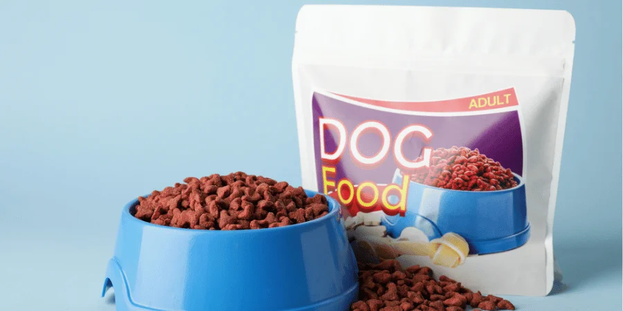 Large bag of dog food, designed for long-term pet feeding.