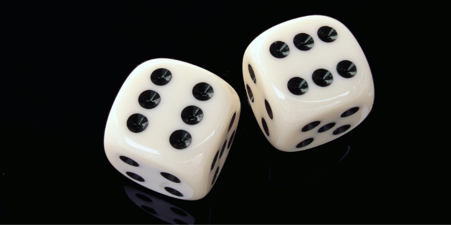 Two white six-sided dice with black dots on a glossy black background for gaming or casino use.