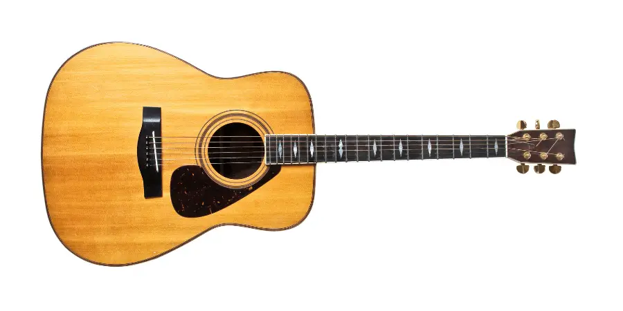 Guitar measuring around 3 feet in length with a polished wooden body and black neck.