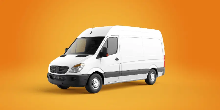 Sleek white delivery van on an orange background, ideal for transporting goods and services.