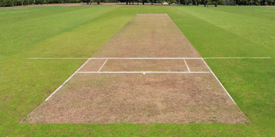 Well-maintained cricket pitch with marked boundary and field lines, ready for a game. Perfect for professional and amateur cricket matches.