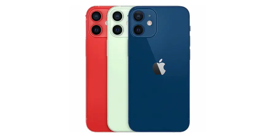 Three iPhone Mini models stacked together showing their compact size and vibrant colors.