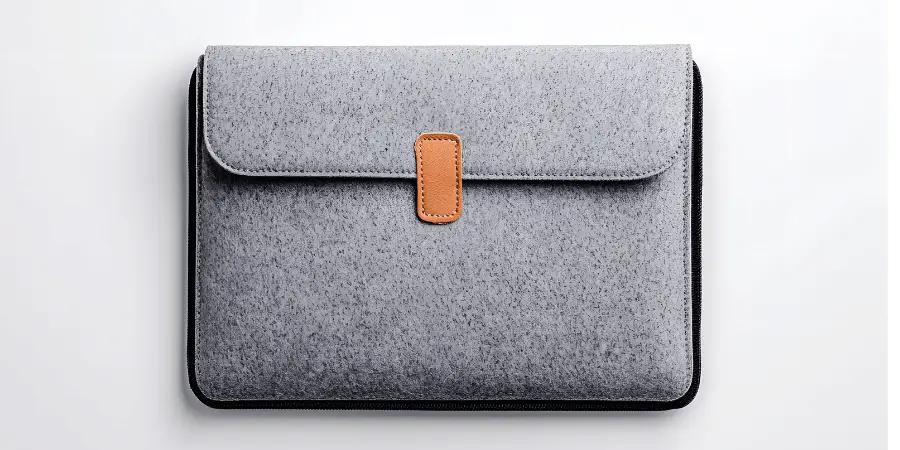 A 13-inch gray felt laptop sleeve with a leather strap, designed to protect laptops and provide a stylish, minimalist look.