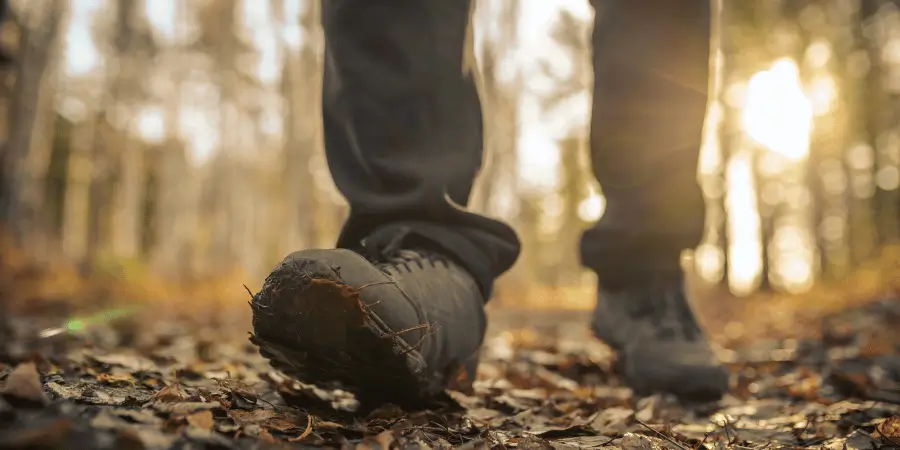 Close-up of a person walking on a forest trail, wearing sturdy boots on a path covered with autumn leaves and sunlight filtering through trees.
