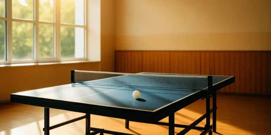 A ping pong table in a well-lit indoor room with a ball on it, ready for a fun match or practice session.