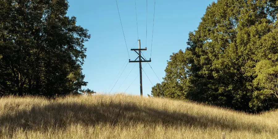 Tall telephone pole in an open field, with power lines running across a scenic landscape, surrounded by trees.