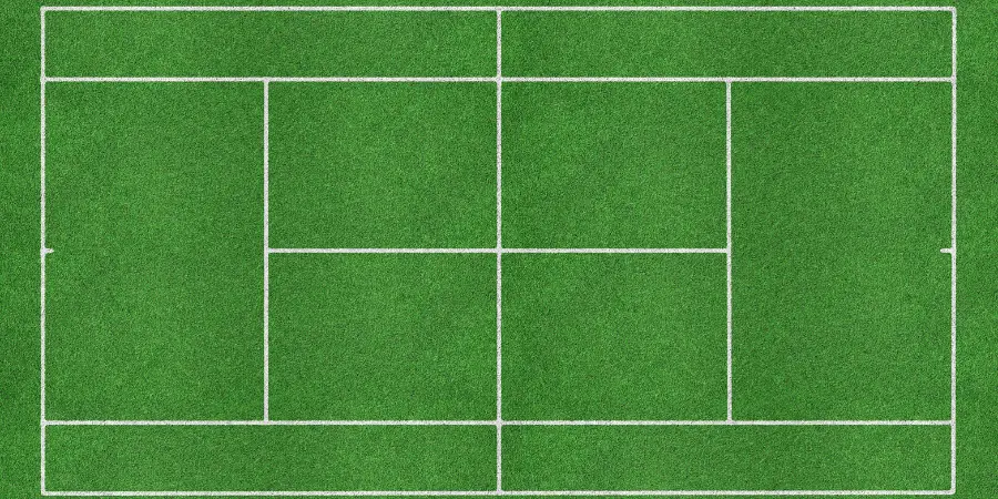 Green grass tennis court with precise white boundary lines, designed for singles and doubles competitive matches.