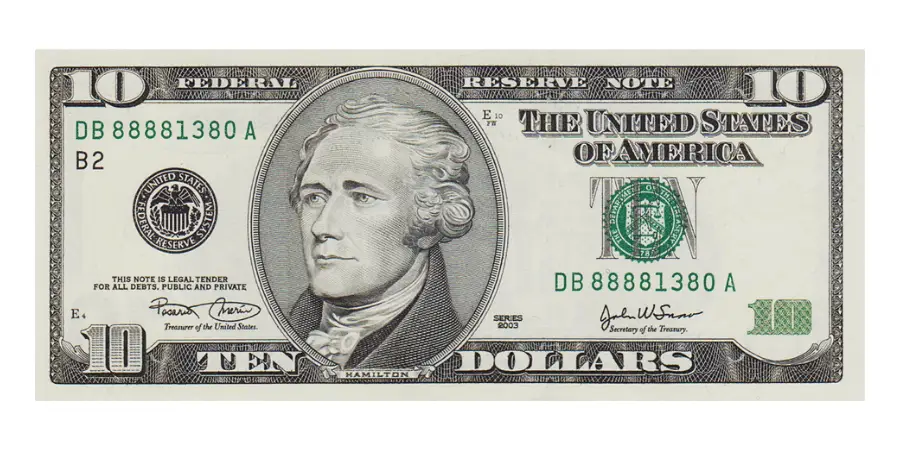 Close-up of United States $10 dollar bill featuring Alexander Hamilton for financial and currency concepts