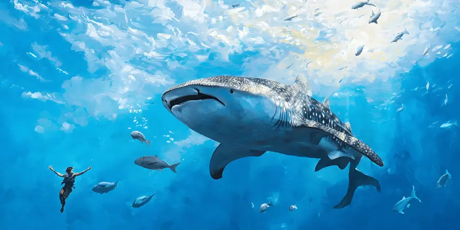 Massive whale shark swimming in clear blue ocean waters surrounded by fish and a diver exploring marine life.