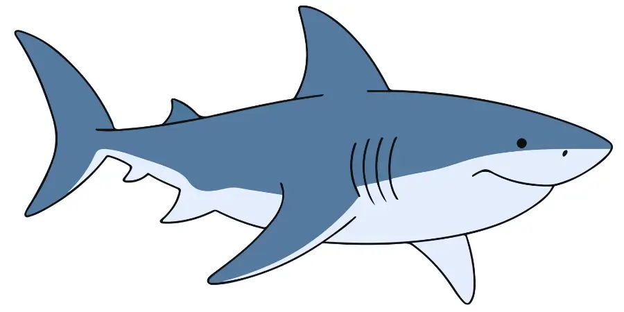 Cartoon-style blue shark illustration swimming in clear water, showcasing its sleek body and friendly face