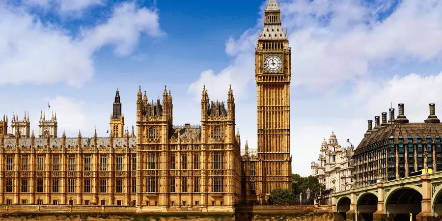 Iconic Big Ben clock tower in London, landmark of UK Parliament, historic Gothic architecture under clear blue sky view.